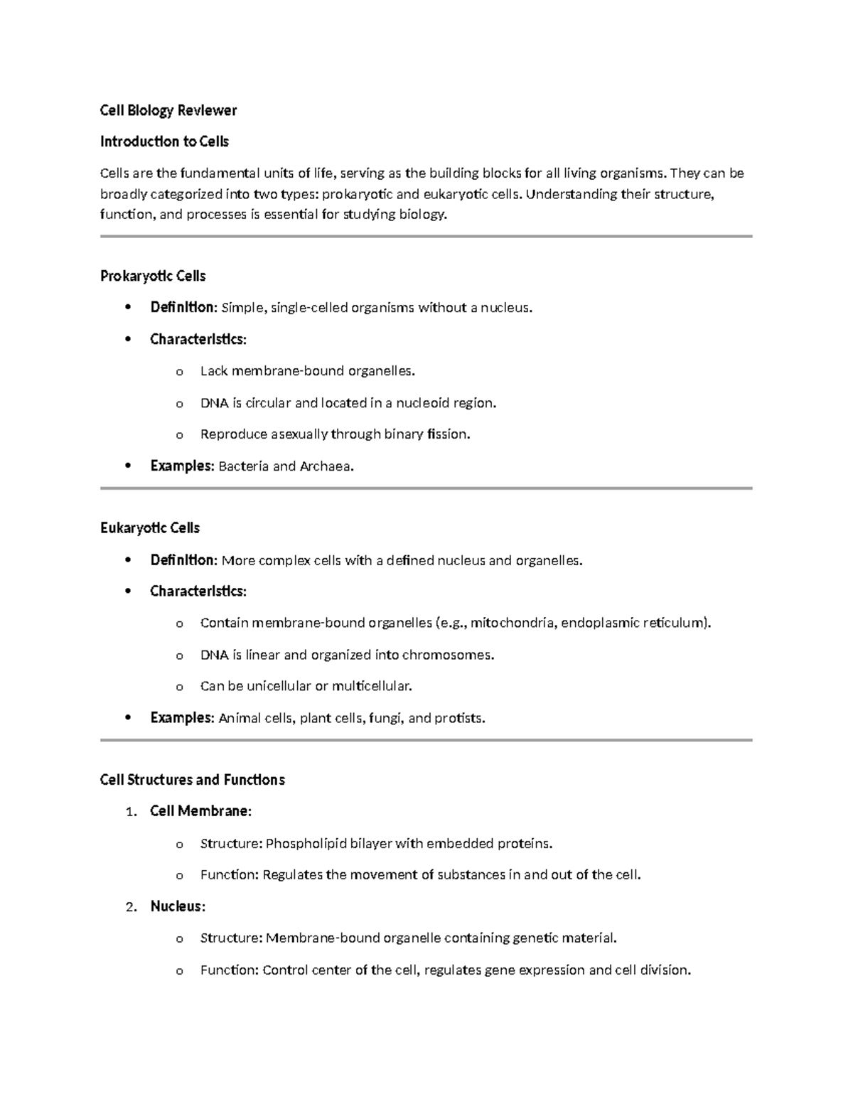 Cell Biology Reviewer - Cell Biology Reviewer Introduction to Cells ...