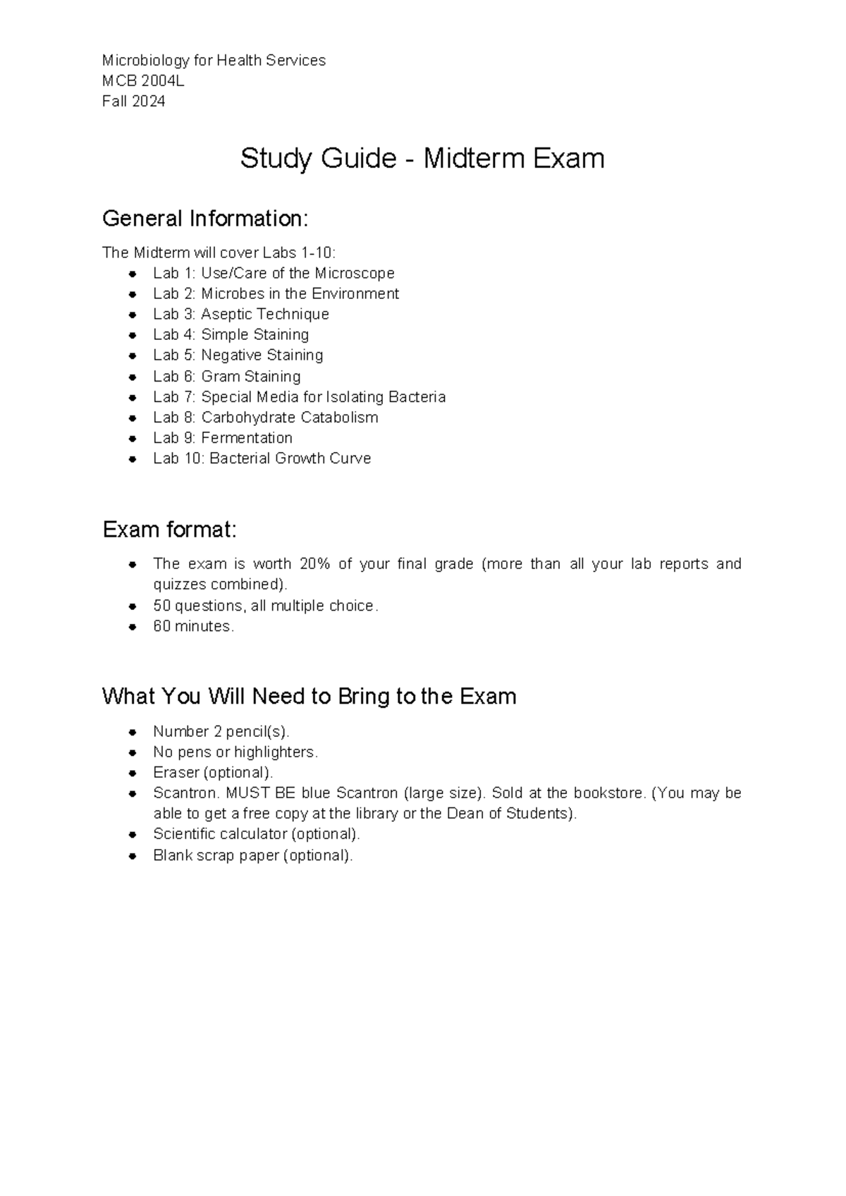 Microbiology for Health Services MCB 2004L Midterm Exam Study Guide ...