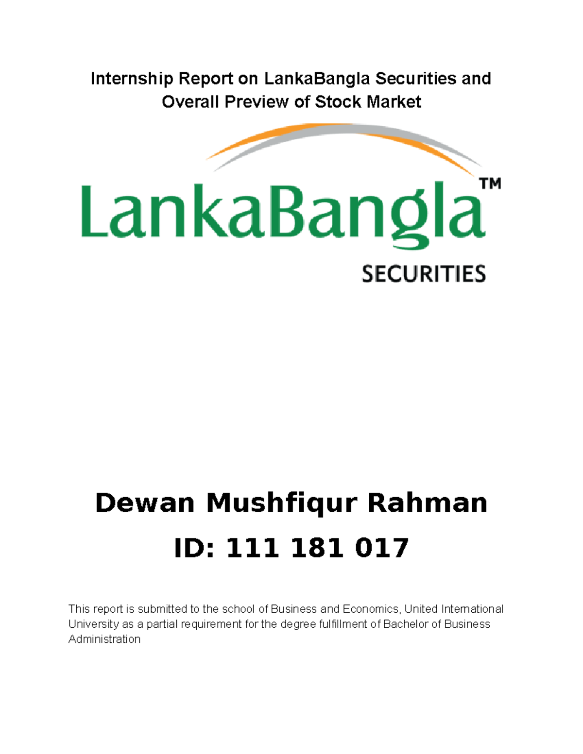 Internship Report on LBSL and Stock Market Overview - BBA Program - Studocu