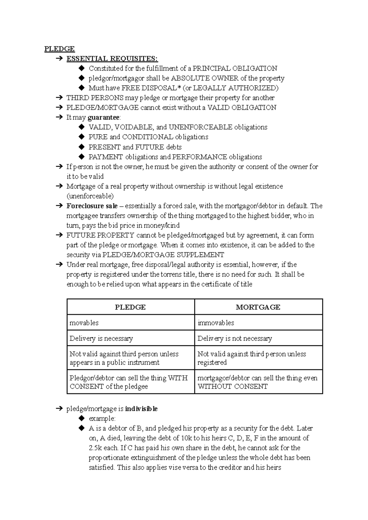 Pledge Summary Notes: Key Concepts and Legal Principles - Studocu