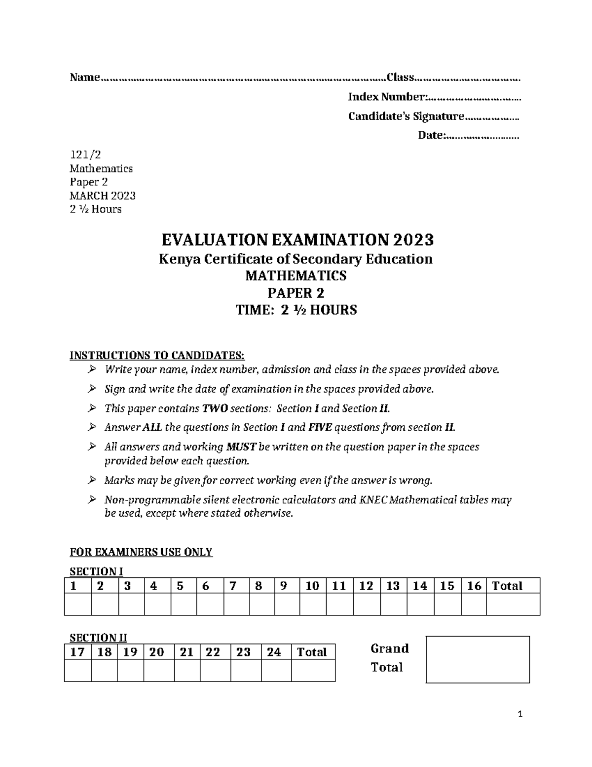 MATH-P2-1: Index Mathematics Paper 2 Evaluation Exam March 2023 - Studocu