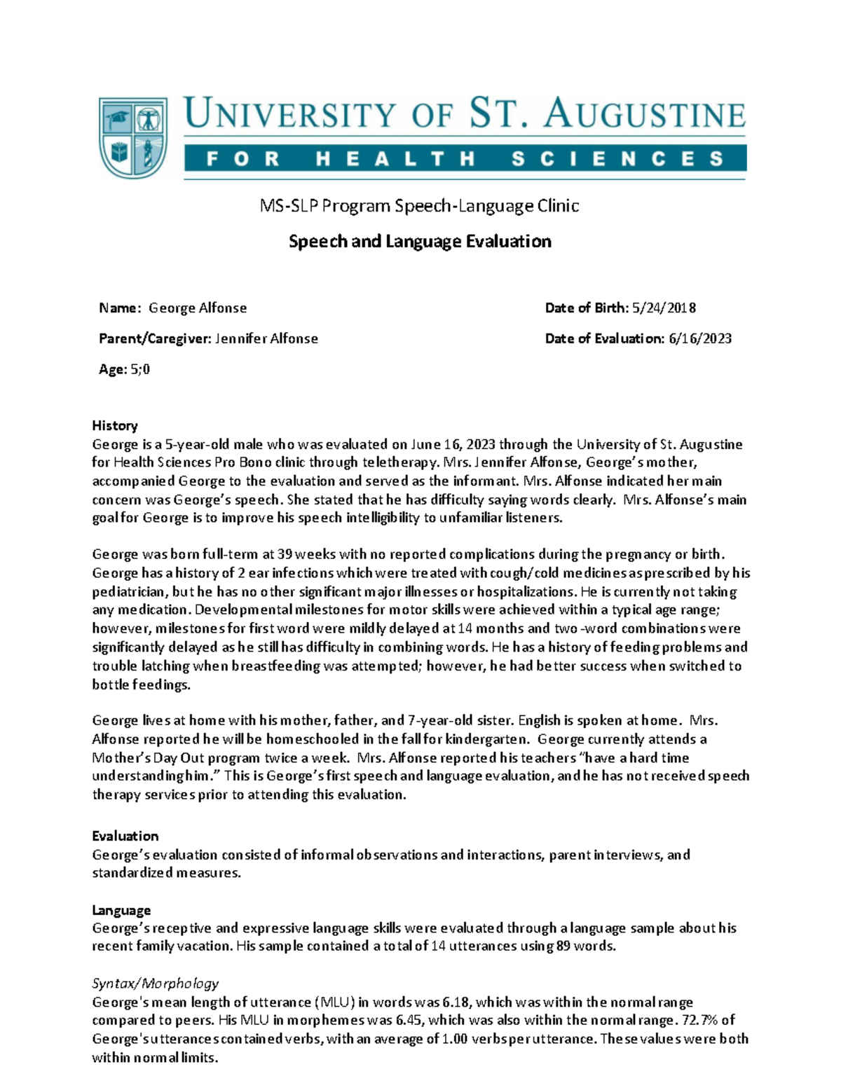 Speech & Language Evaluation Report for George Alfonse - June 2023 ...