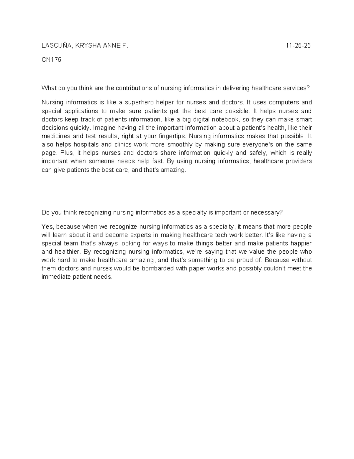 CN175 WEEK-3 TASK: Contributions of Nursing Informatics in Healthcare ...