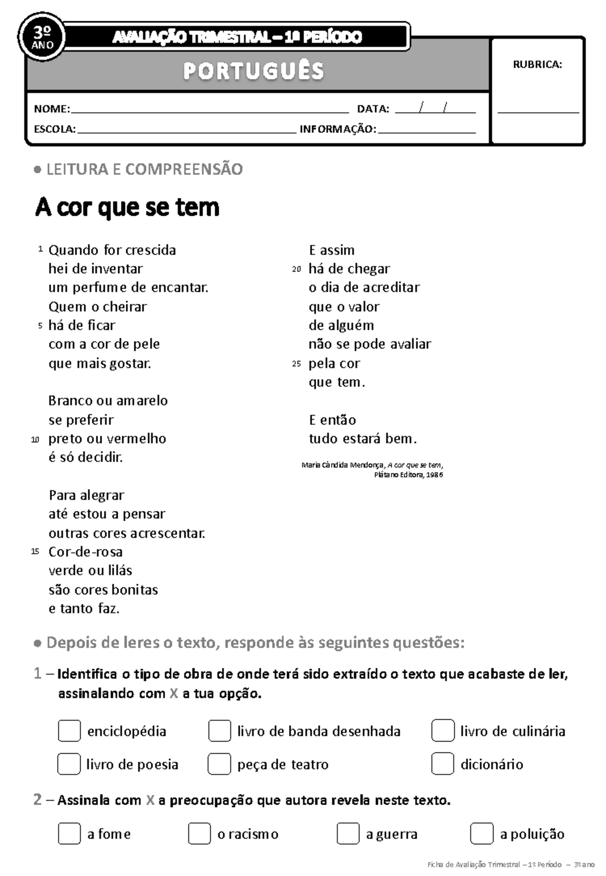 Ficha de Avaliação Trimestral - 1º Período - 3º Ano PORT I - Studocu