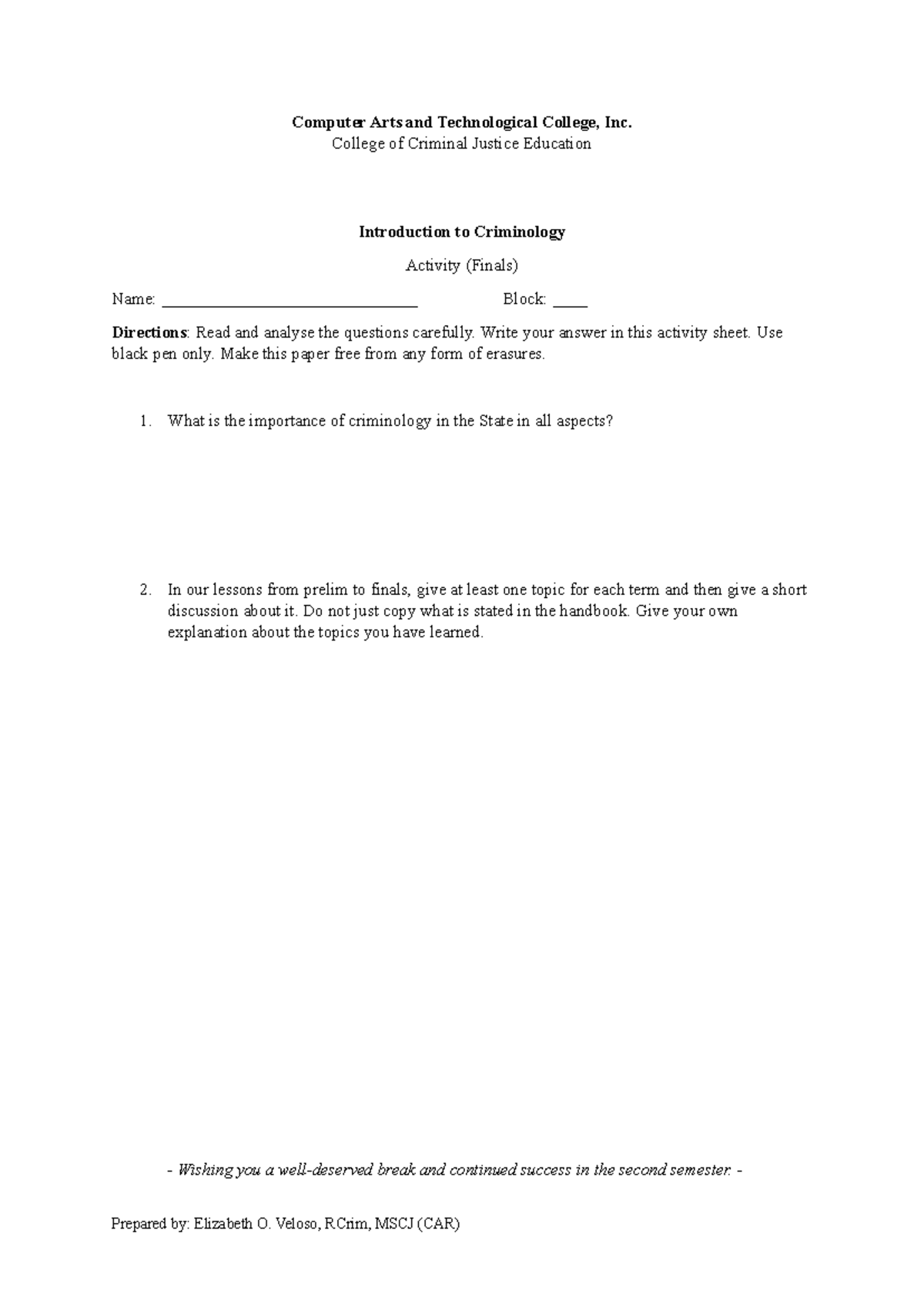 Finals Activity: Intro to Criminology (CRIM 2024-2025) - Studocu