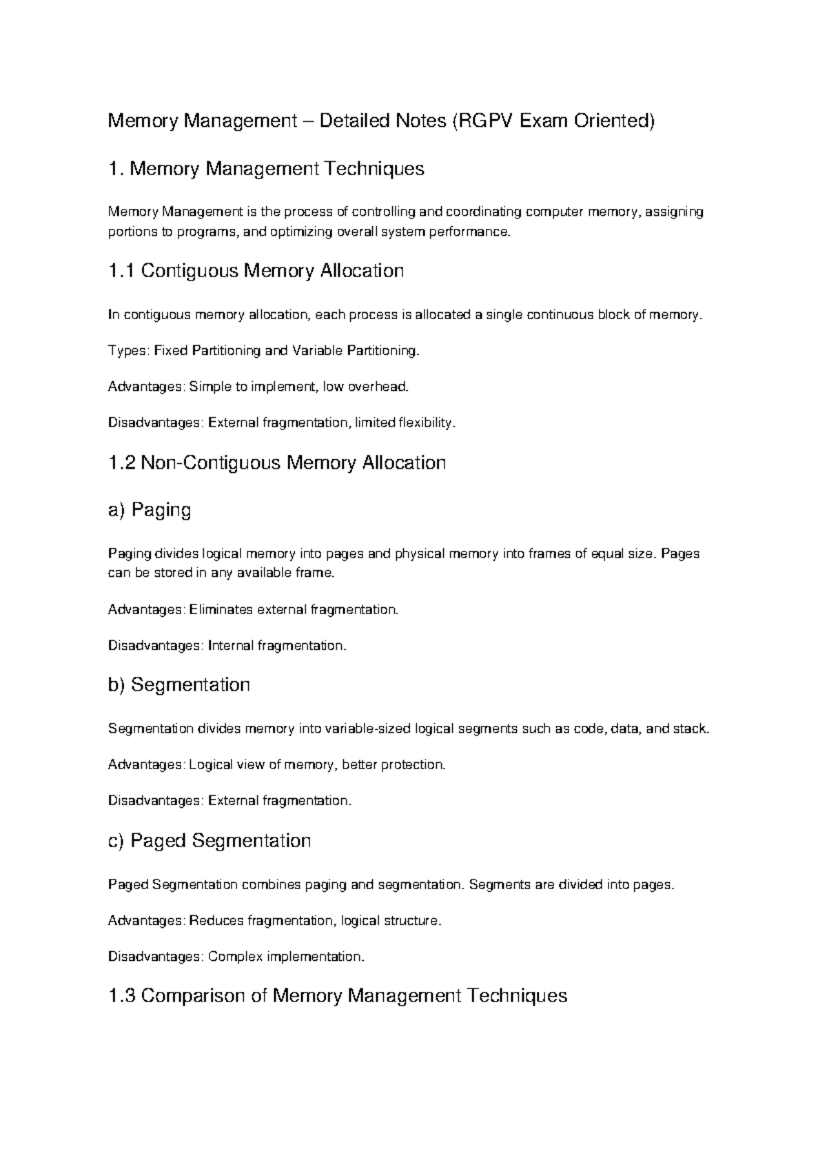 OS Memory Management Techniques: RGPV Exam Notes - Studocu