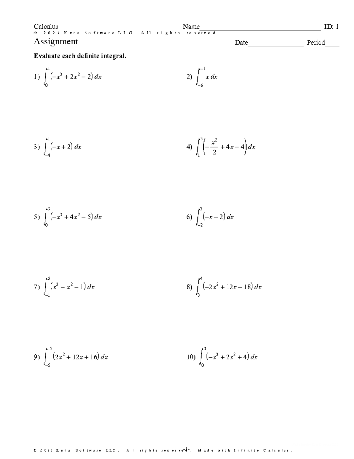 Calculus Assignment: Definite Integrals Evaluation - Studocu