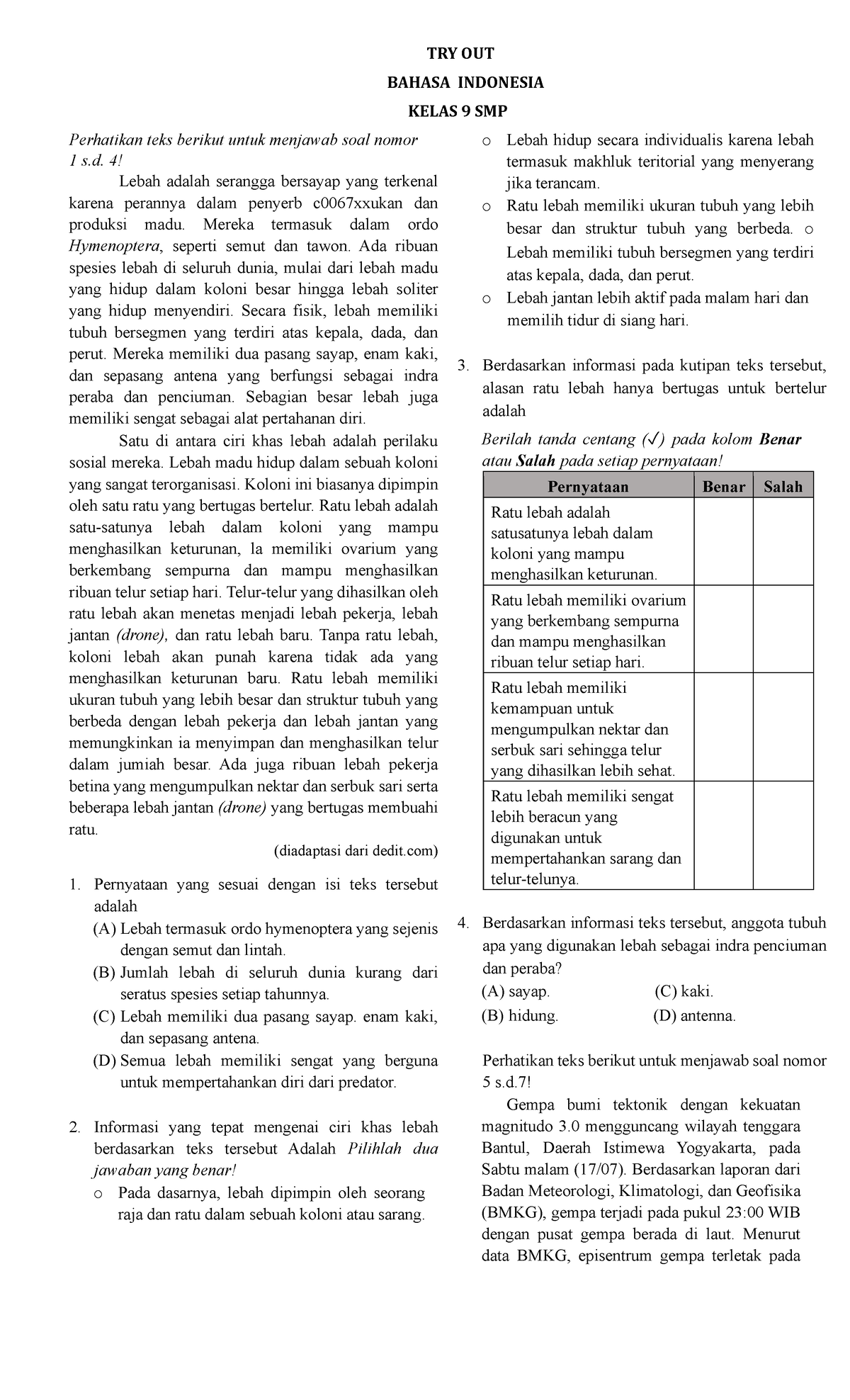 TO Bahasa Indonesia Kelas 9 SMP - Latihan Soal dan Pembahasan - Studocu
