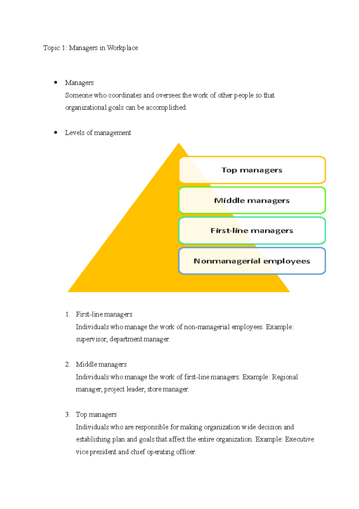 MGT101: Topic 1 - Roles and Levels of Managers in the Workplace - Studocu