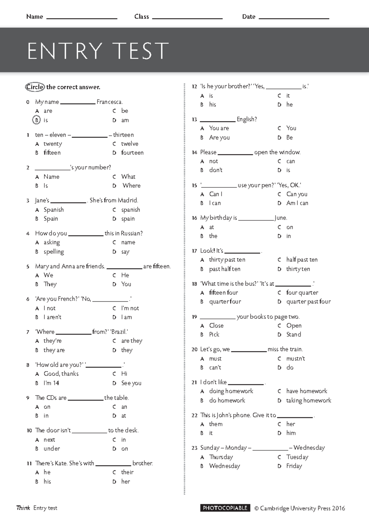 Entry Test 12: Circle the Correct Answer for English Class - Studocu