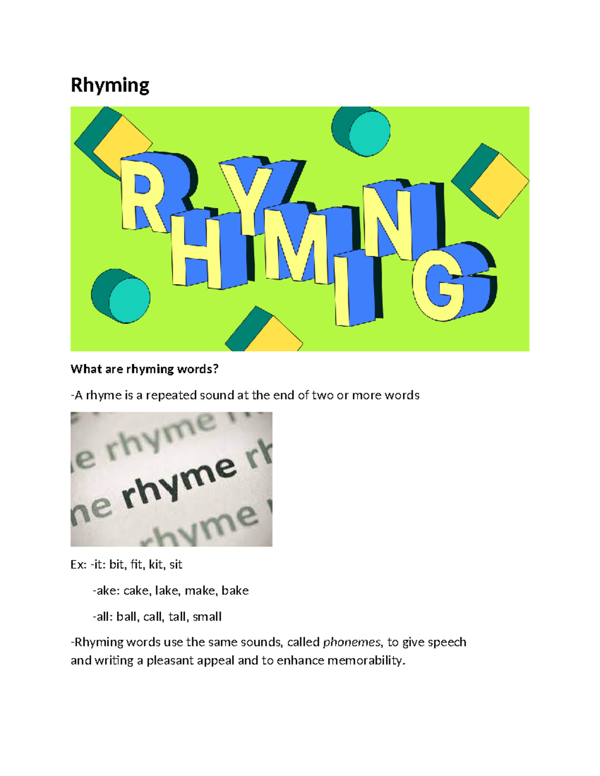 Rhyming Words: Enhancing Vocabulary and Communication Skills - Studocu