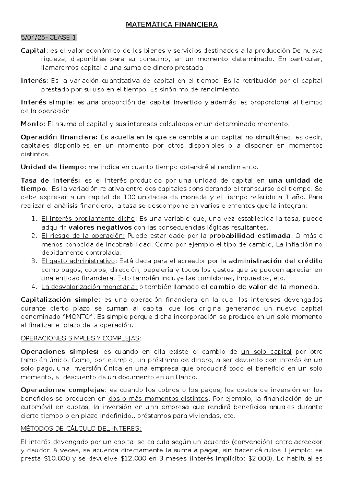 MAT 101 - 1er Parcial: Conceptos Clave de Matemática Financiera - Studocu