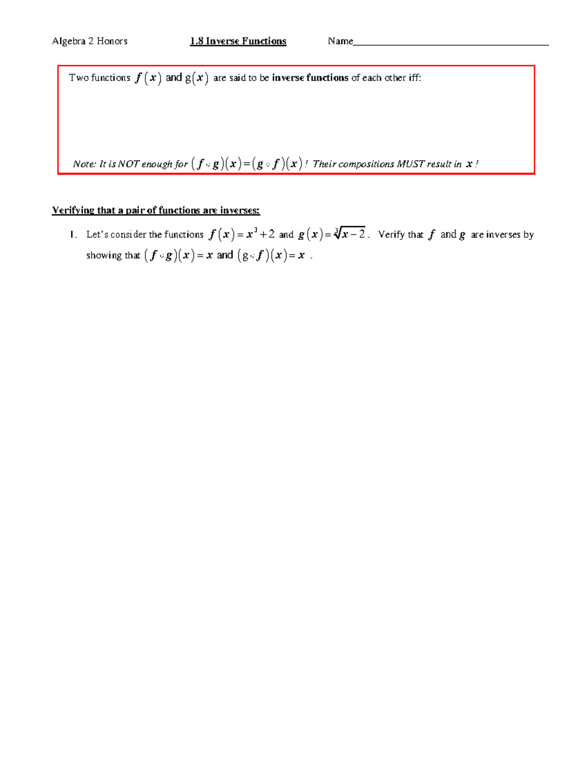 Algebra 2 Notes: Understanding Inverse Functions (1.8) - Studocu