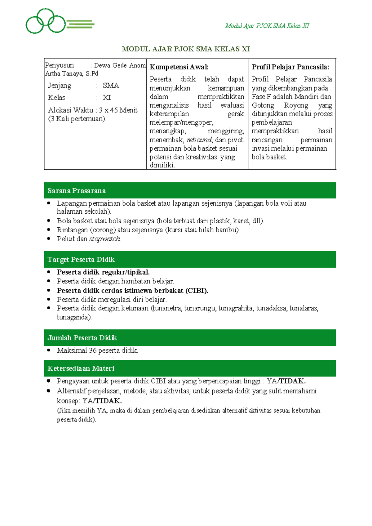 Modul Ajar PJOK SMA Kelas XI: Pembelajaran Keterampilan Bola Basket 2023 - Document Preview