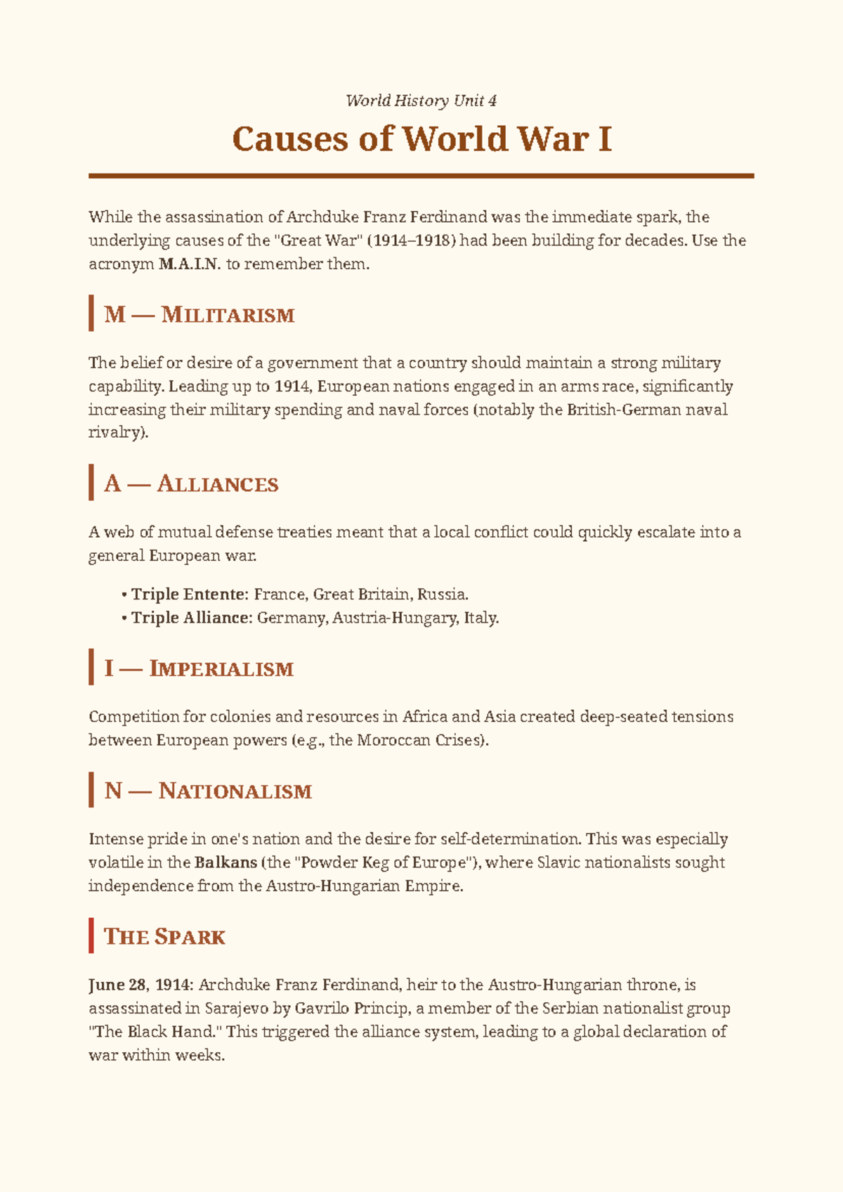 Study Guide: WWI Causes (Unit 4) - M.A.I.N. Factors - Studocu
