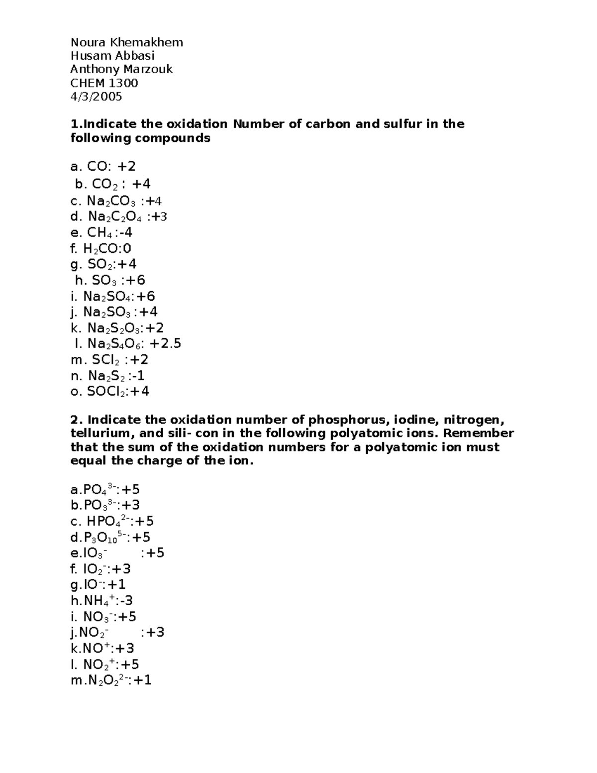 CHEM 1300 Dry Lab 2A: Oxidation Numbers of Elements and Ions - Studocu