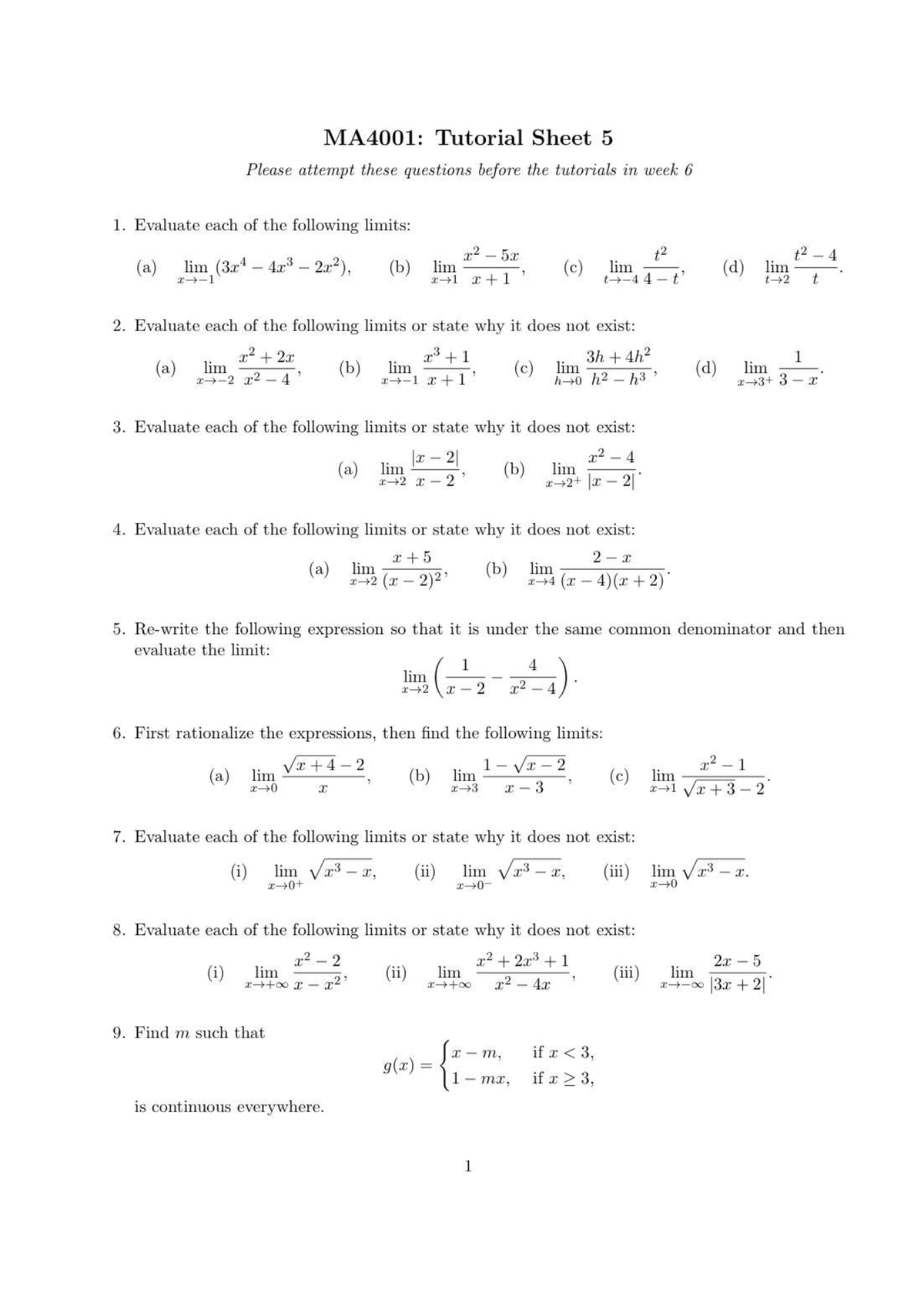 MA4001: Tutorial Sheet 5 - Limit Evaluations and Existence - Studocu