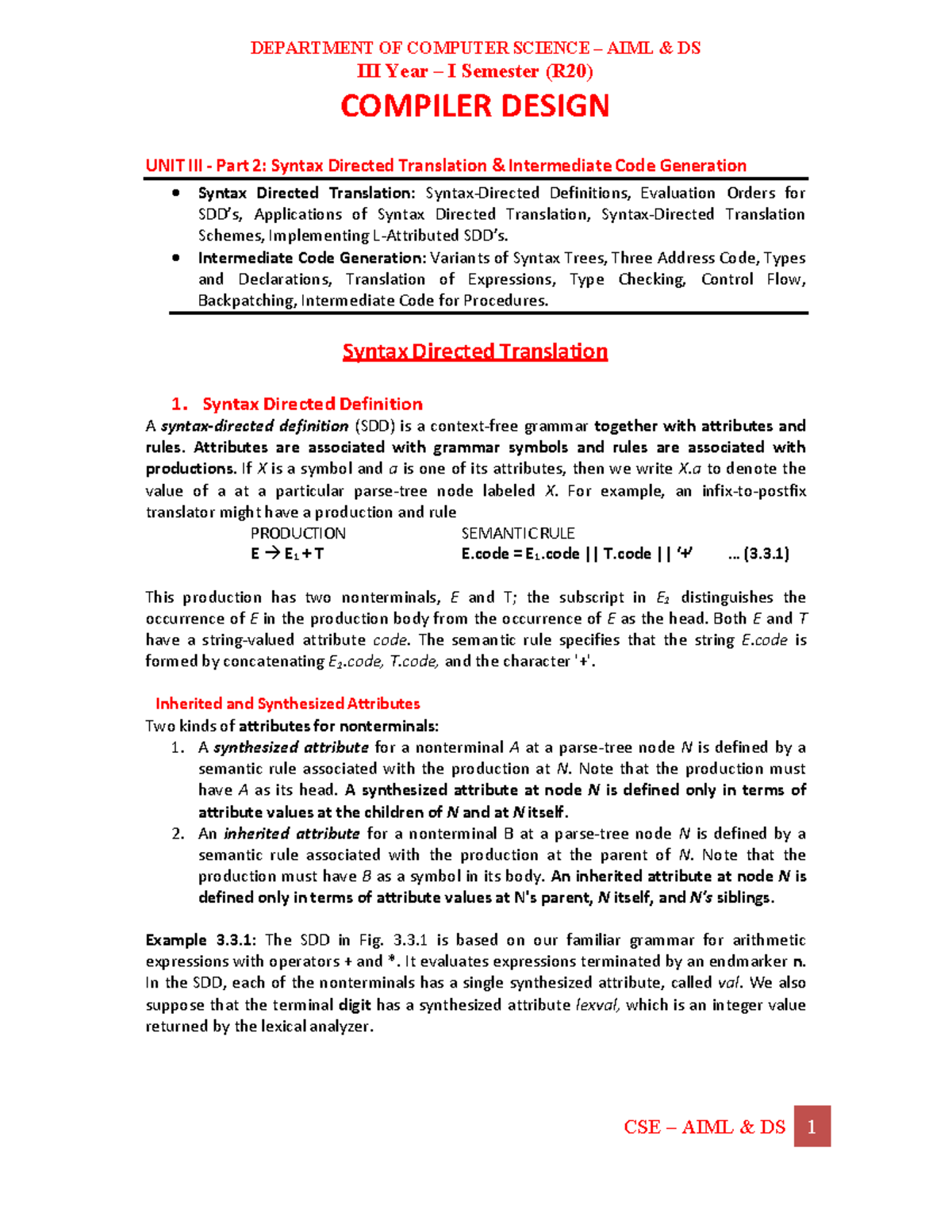 CD Unit III - Part 2: Syntax Directed Translation & Code Gen - Studocu