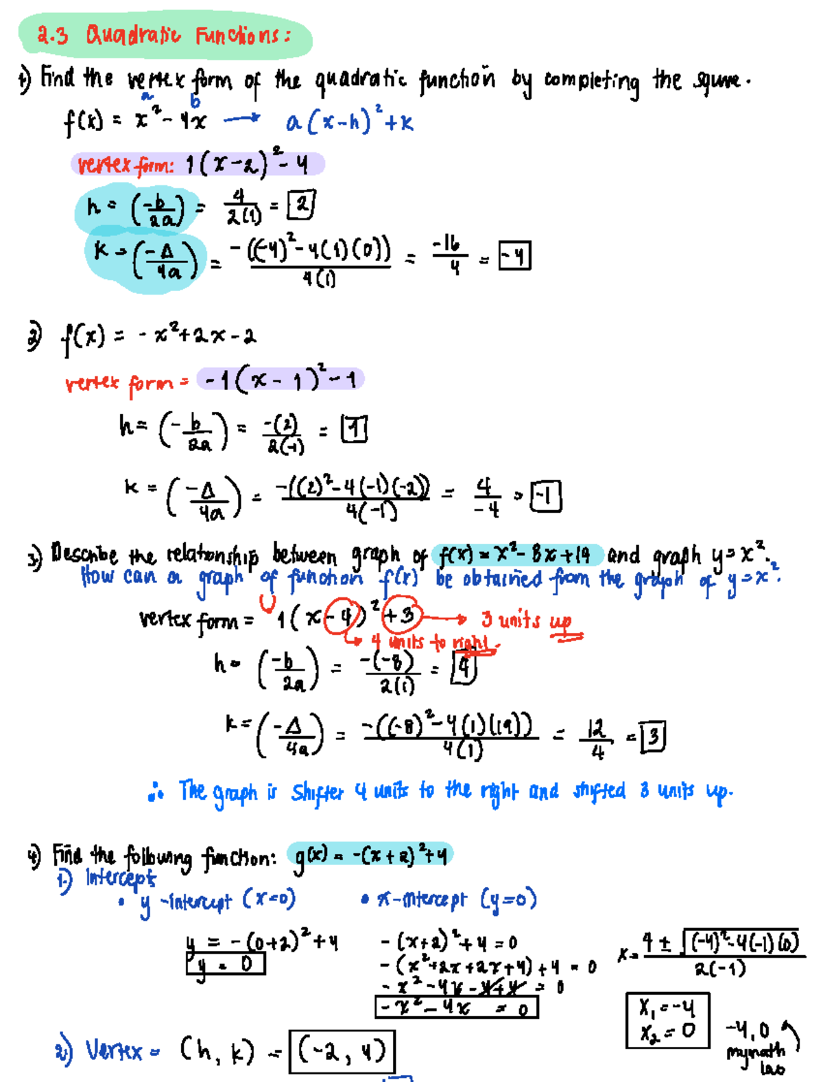 Final review from mymathlab - 2 Quadraticfunctions e Andthevertexform ...