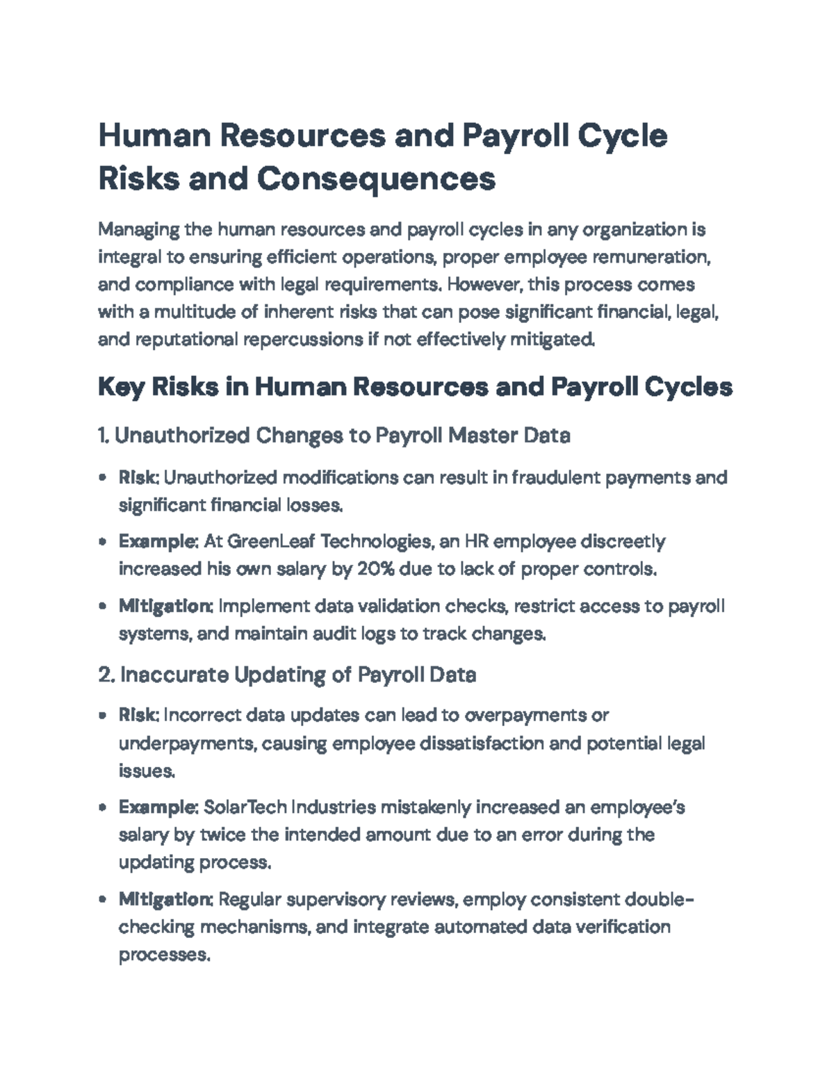 Human Resources and Payroll Cycle Risks and Control Measures Analysis ...