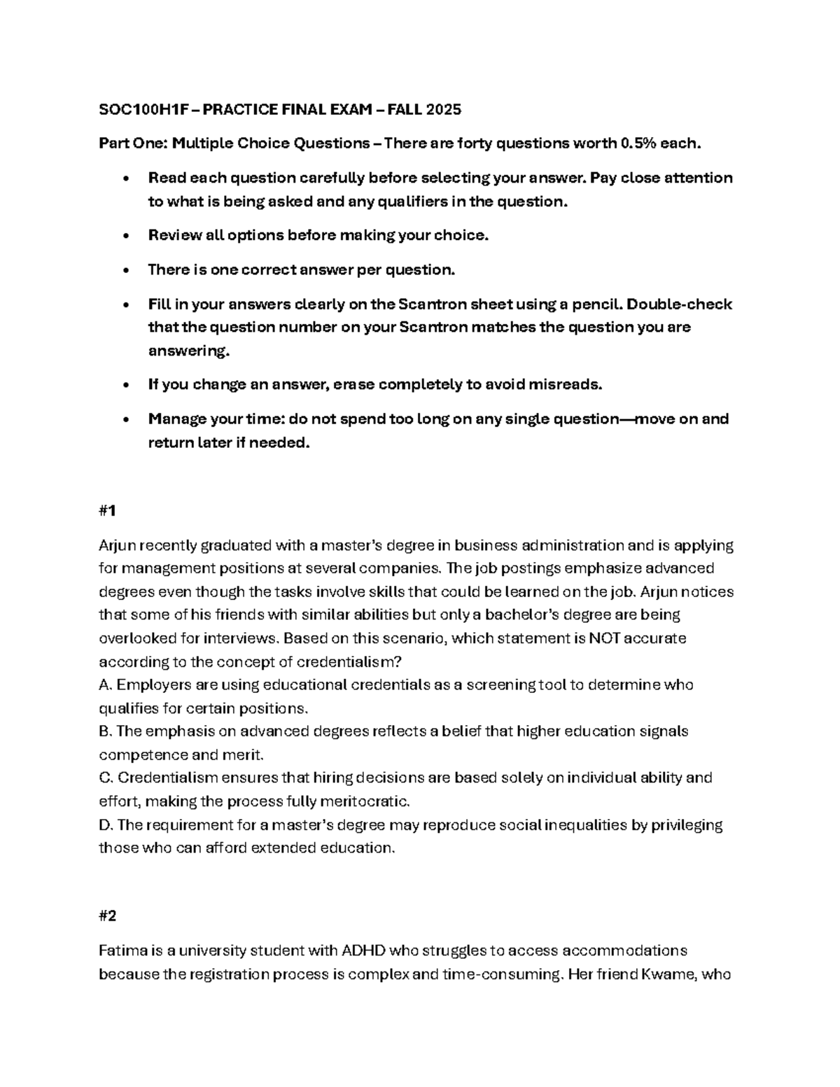 SOC100H1F - Practice Final Exam Review - Fall 2025 - Studocu