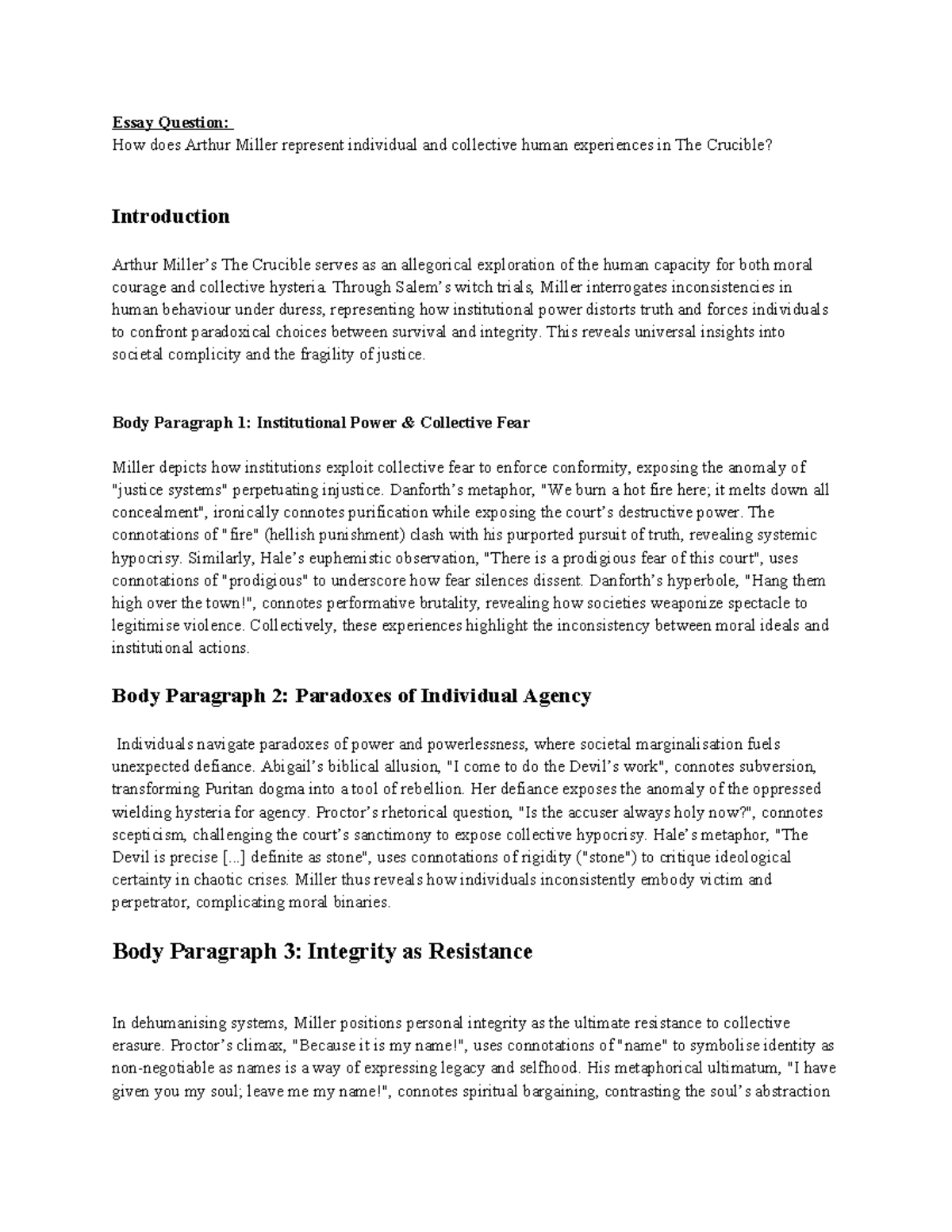 ENG 101: Essay on Individual vs. Collective Experiences in The Crucible ...