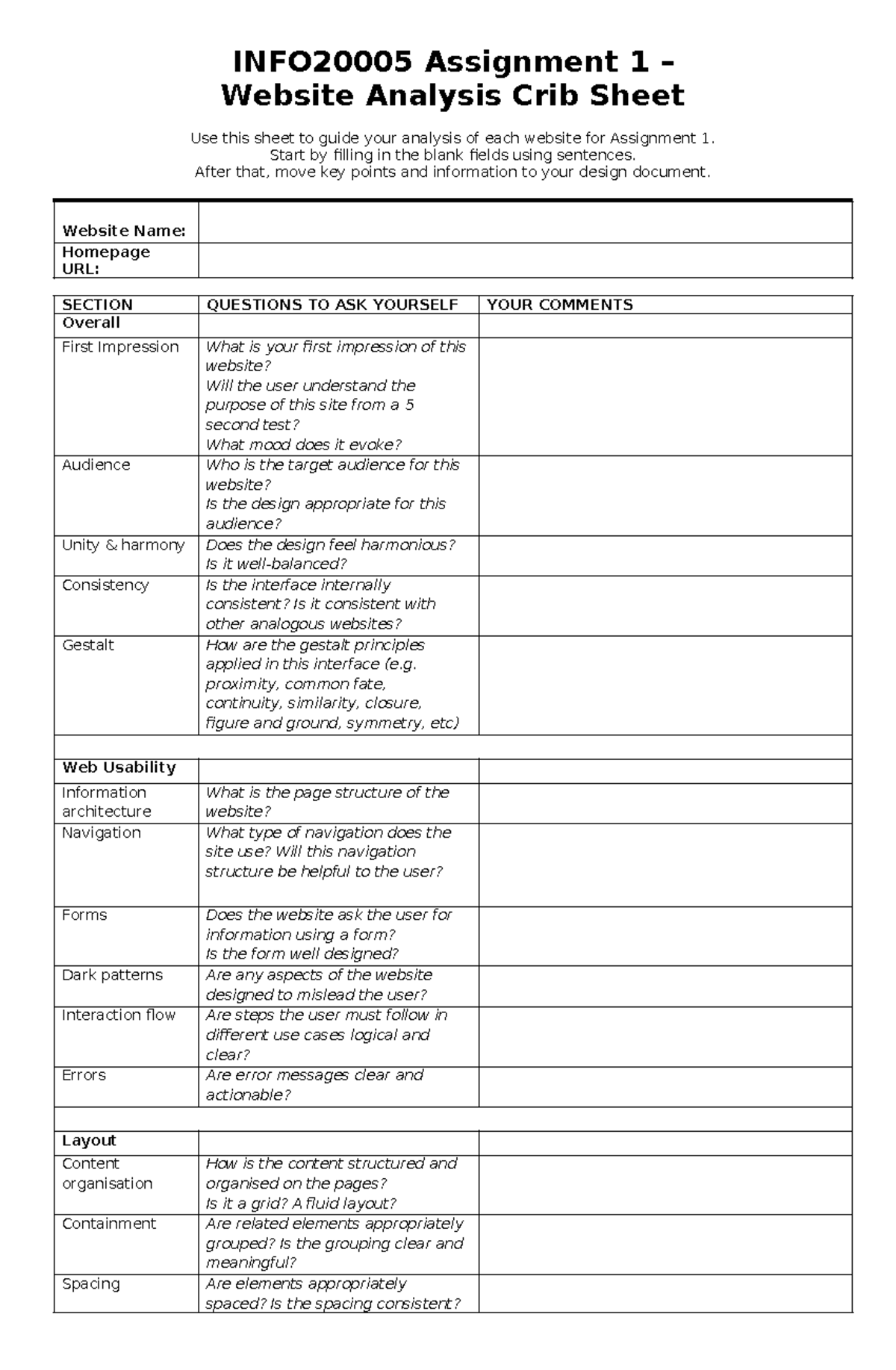 INFO20005 Assignment 1 Website Analysis Crib Sheet - Studocu