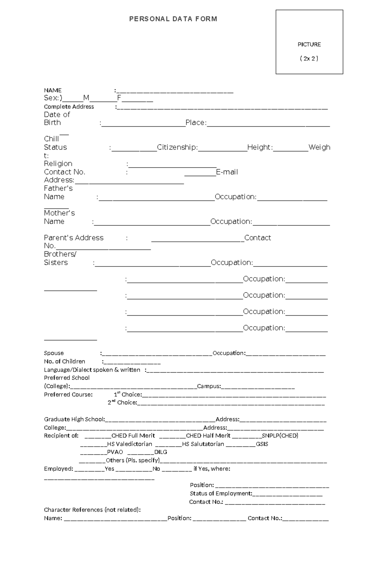 Personal data form - NAME :___________________________________ Sex:)M ...