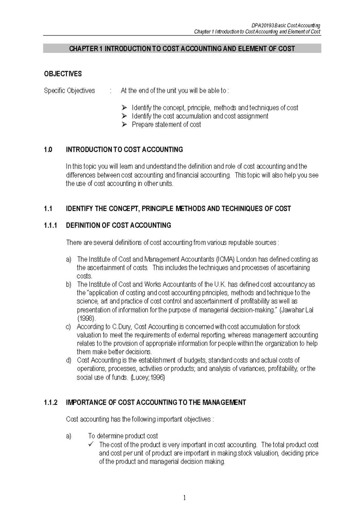 Chapter 1 DPA2019 3 - Cost Accounting Concepts and Elements - Studocu