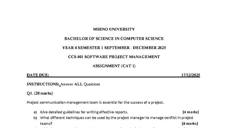 CCS 401 Software Project Management Assignment - CAT 1 - Studocu