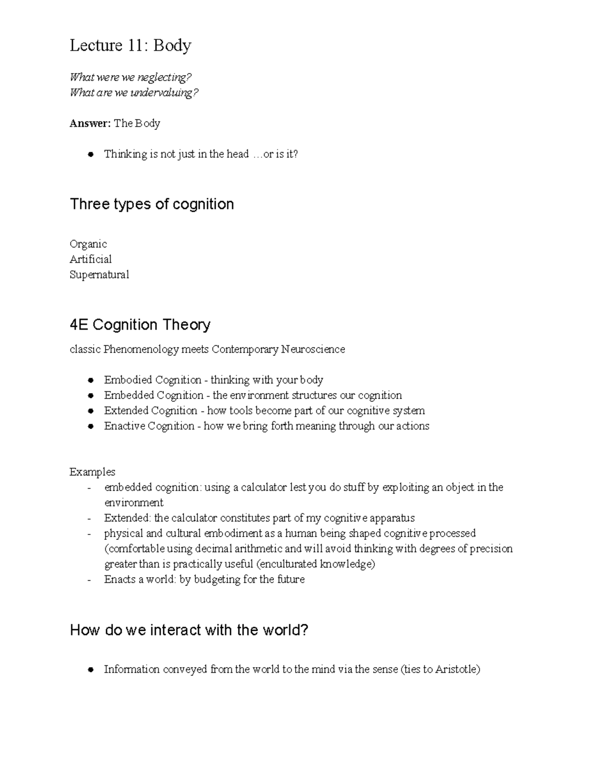 Lecture 11: Mind, Body, and World Interactions in Cognition - Studocu