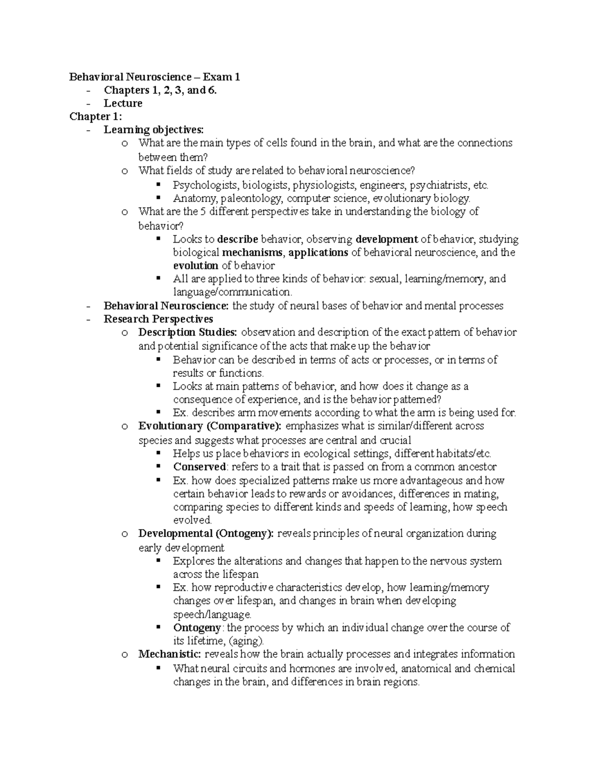 Behavioral Neuroscience - Exam 1 Study Guide for Chapters 1, 2, 3 & 6 ...