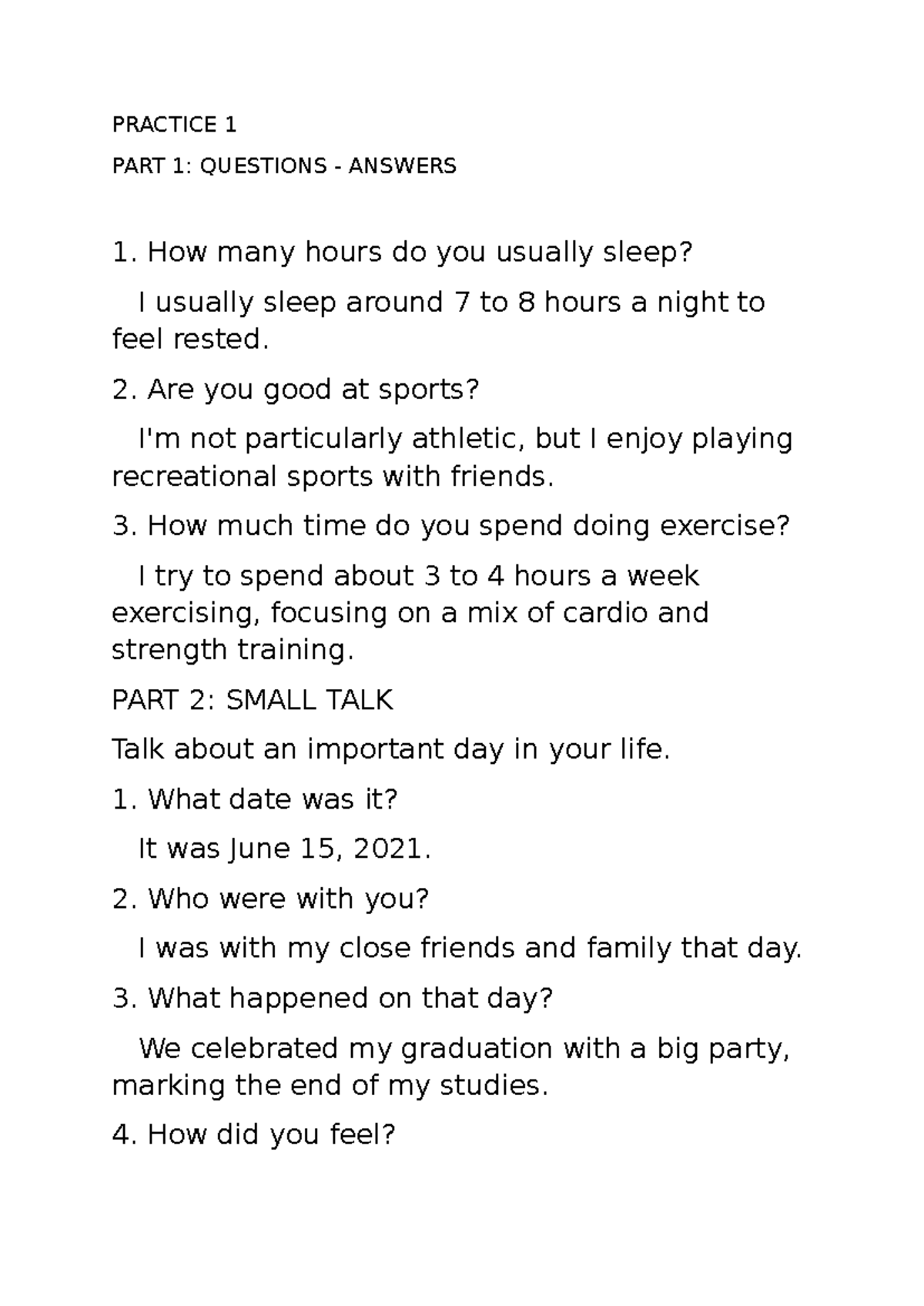 PRACTICE 1 & 2: ENGLISH SPEAKING QUESTIONS & DISCUSSIONS - Studocu