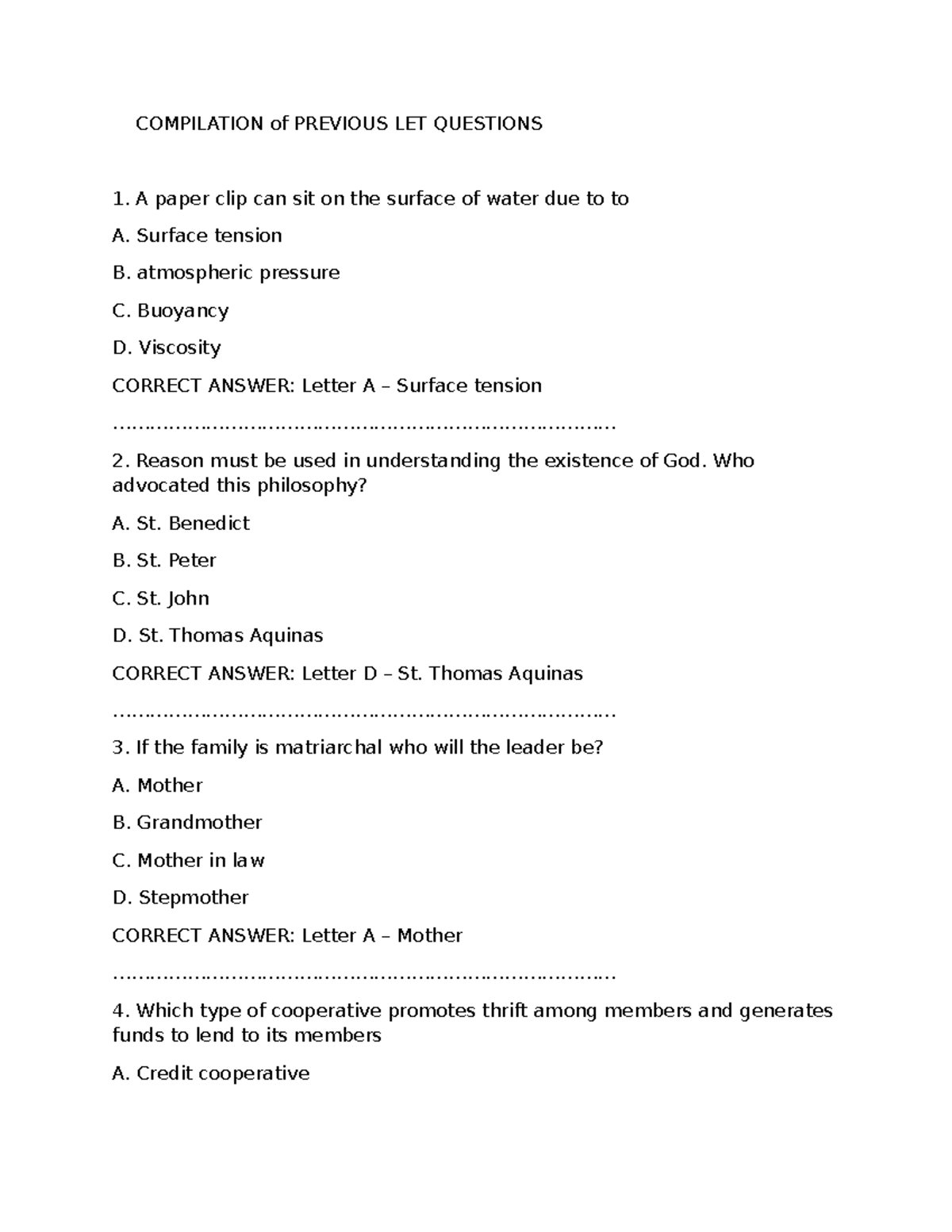 Compilation of Previous LET Questions: Exam Prep Materials - Studocu