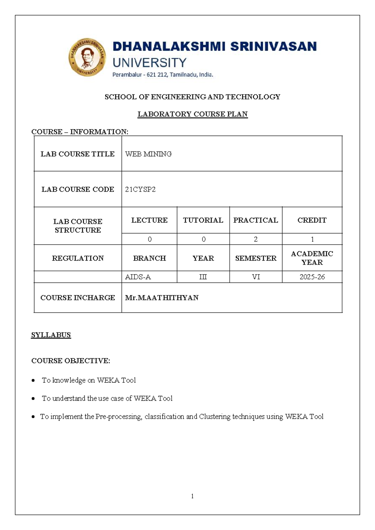 CDP 21CYSP2 - Web Mining Lab Course Plan and Experiments - Studocu