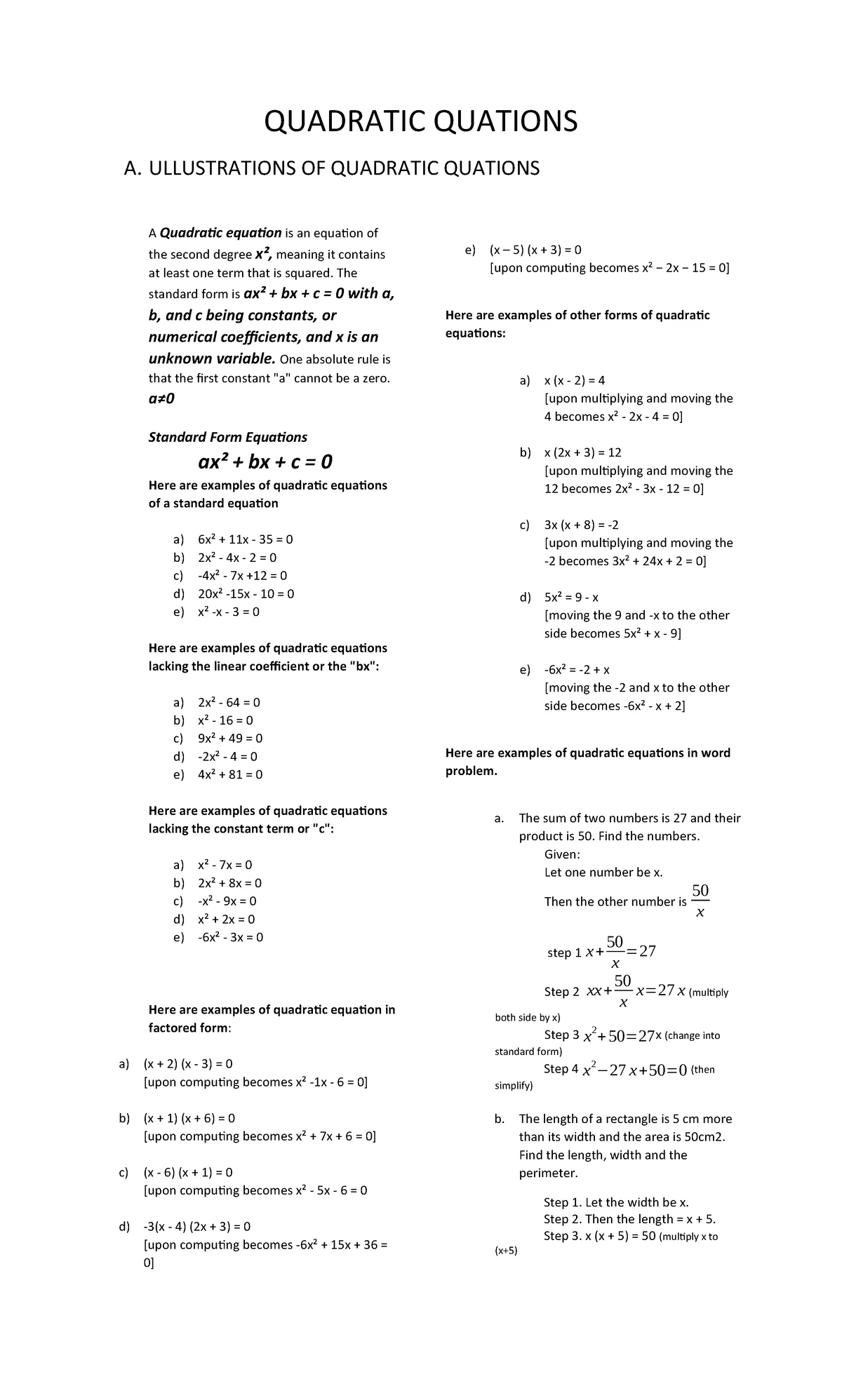 Math - Quadratic Equations: Understanding Standards and Concepts - Studocu