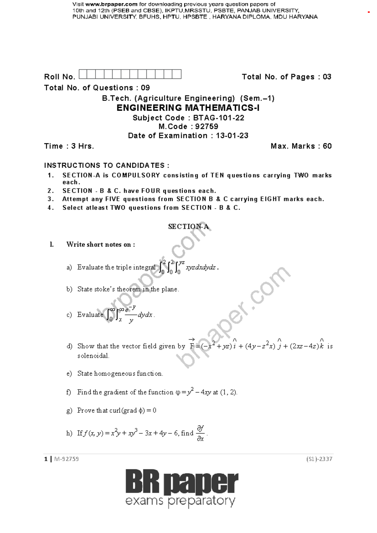 E-Math (1st-2nd) May 2023: B.Tech. Engineering Exam Q&A Guide - Studocu
