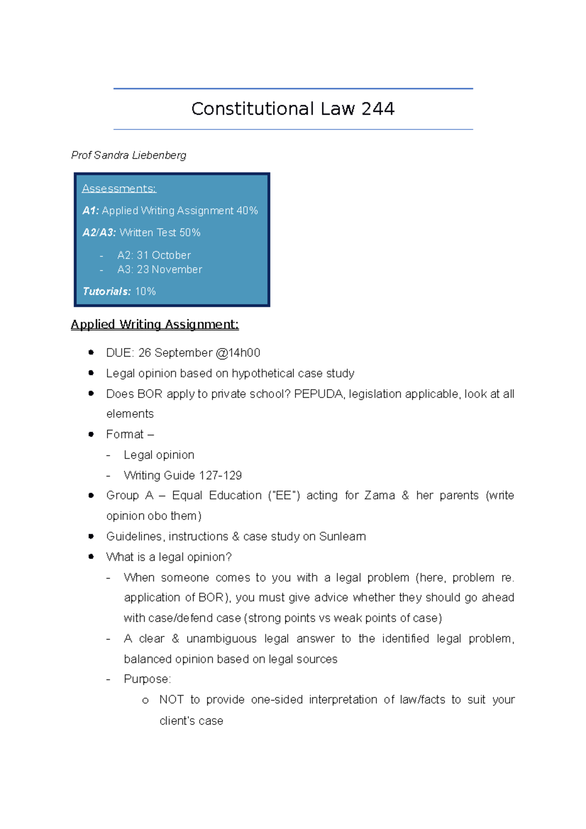 CON LAW 244 - Applied Writing Assignment Notes and Guidelines - Studocu
