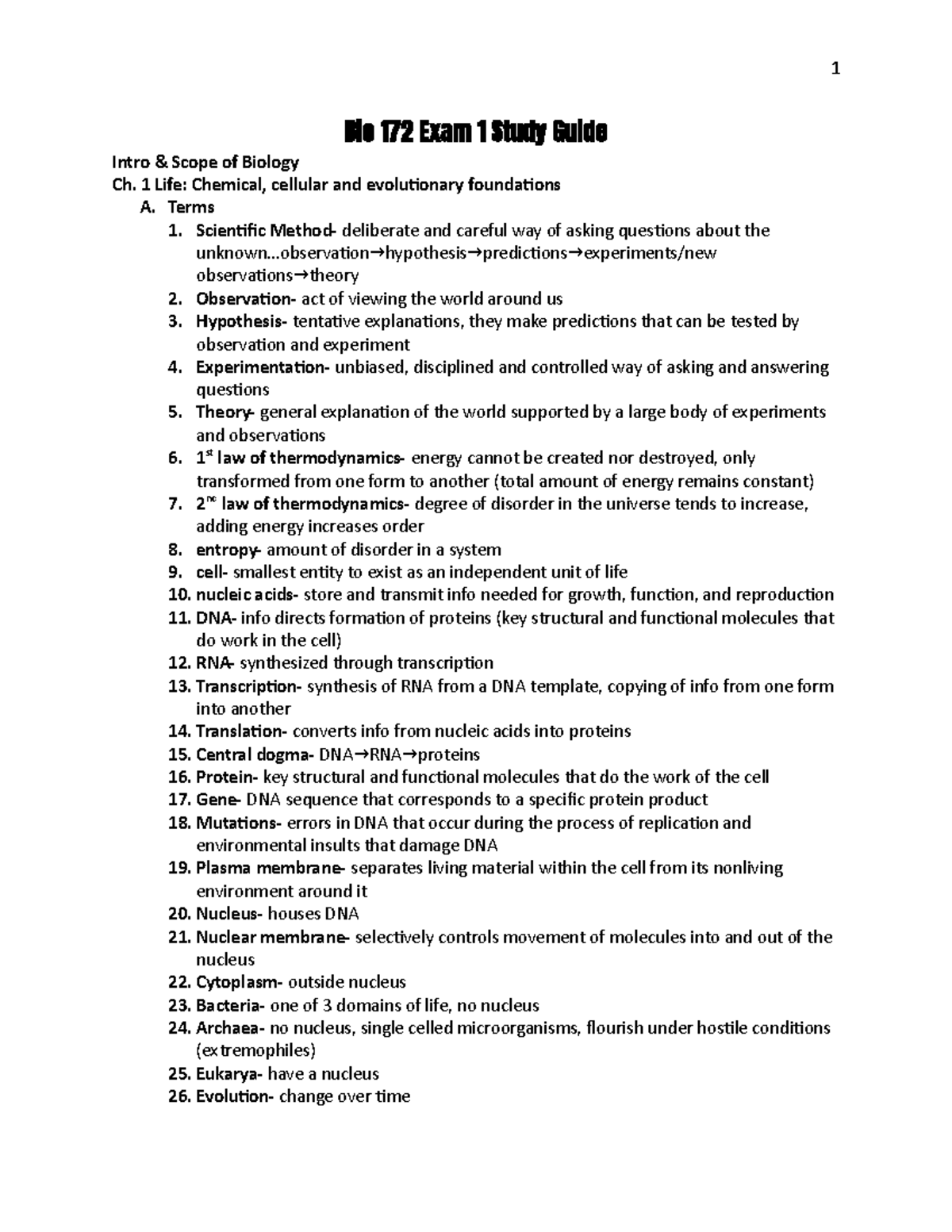 Bio 172 - Final Exam Study Guide: Key Concepts in Biology - Studocu