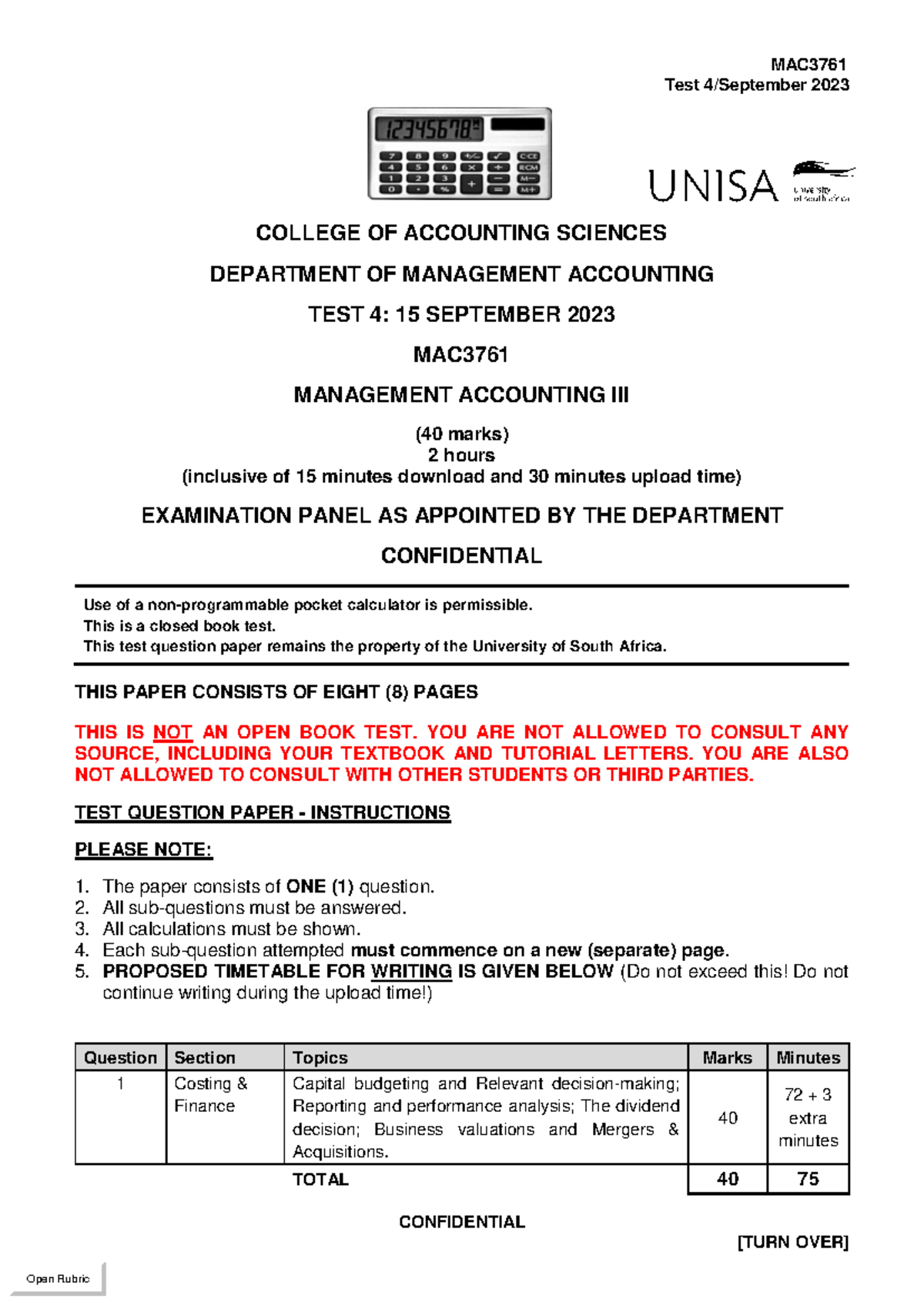 MAC3761 Test 4: Management Accounting III - 15 September 2023 - Studocu