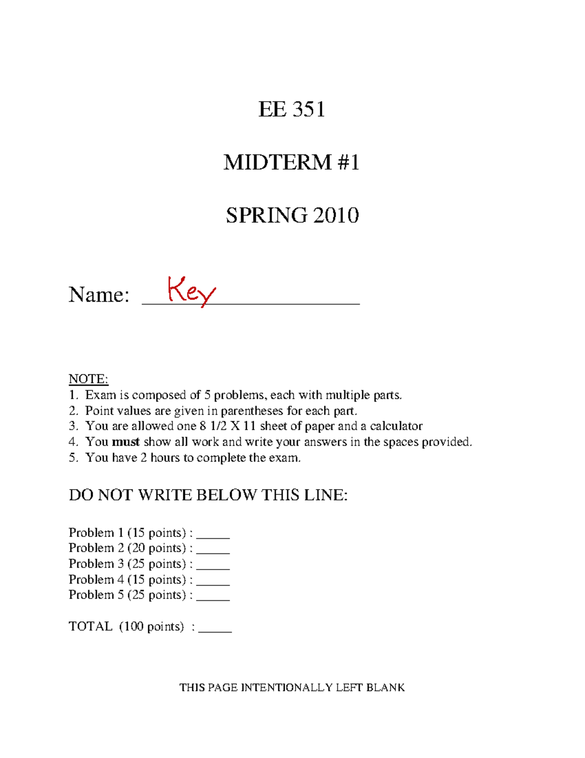 EE 351 Spring 2010 Midterm Exam 1 Solutions and Guidelines - Studocu