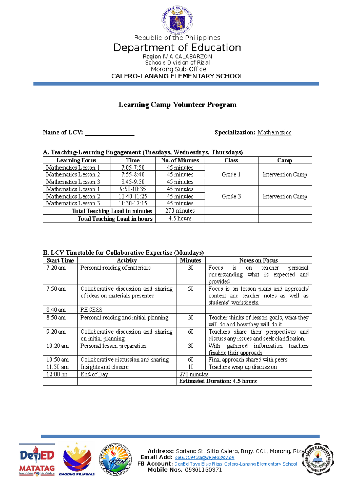 NLC LCV Program: Mathematics Teaching Engagement & Timetable - Studocu
