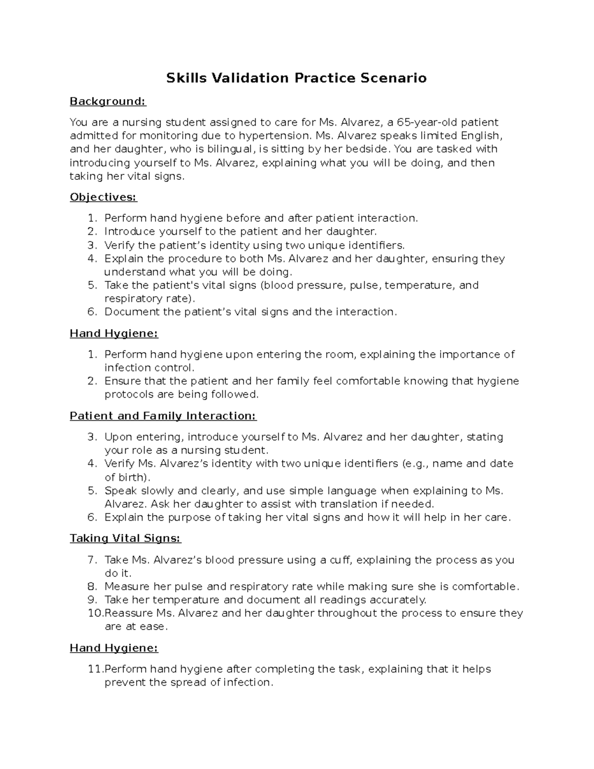 NUR 101: Skills Validation Practice Scenario for Patient Care - Studocu