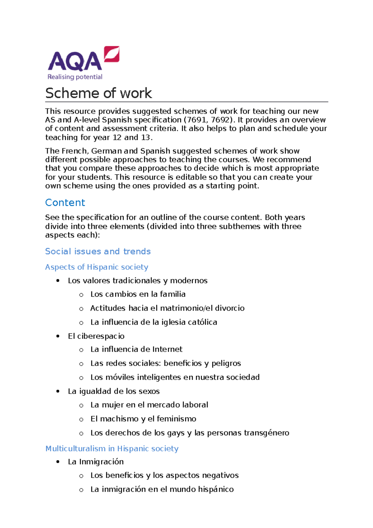 AQA 7691 7692 AS & A-Level Spanish Scheme of Work - Teaching Notes ...