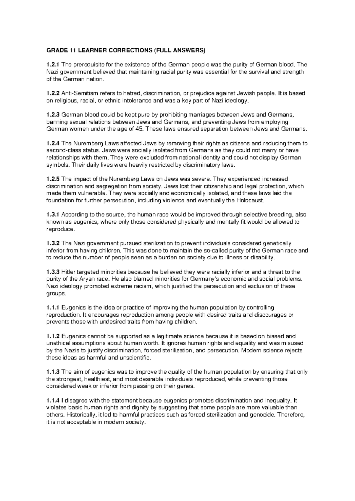 Grade 11 History Corrections: Nazi Ideology and Eugenics Analysis - Studocu