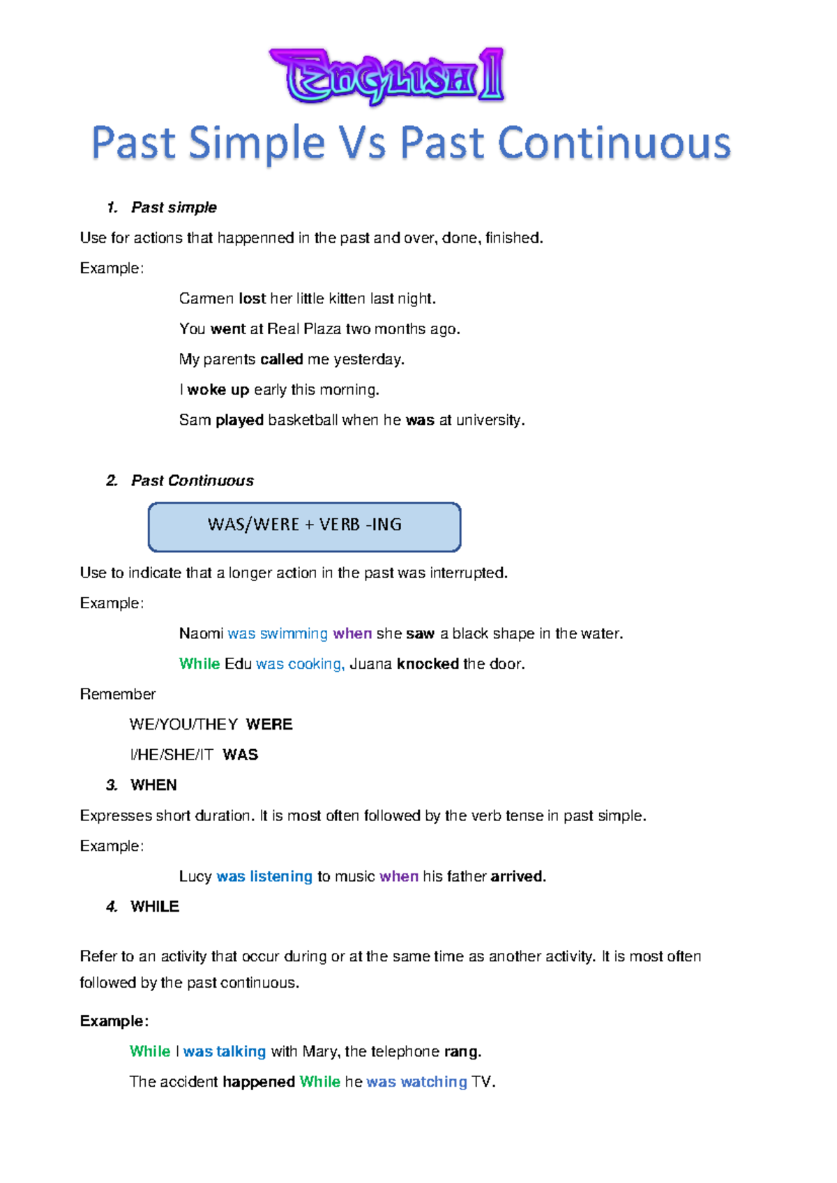 English I Week 14 - Past simple Use for actions that happenned in the ...