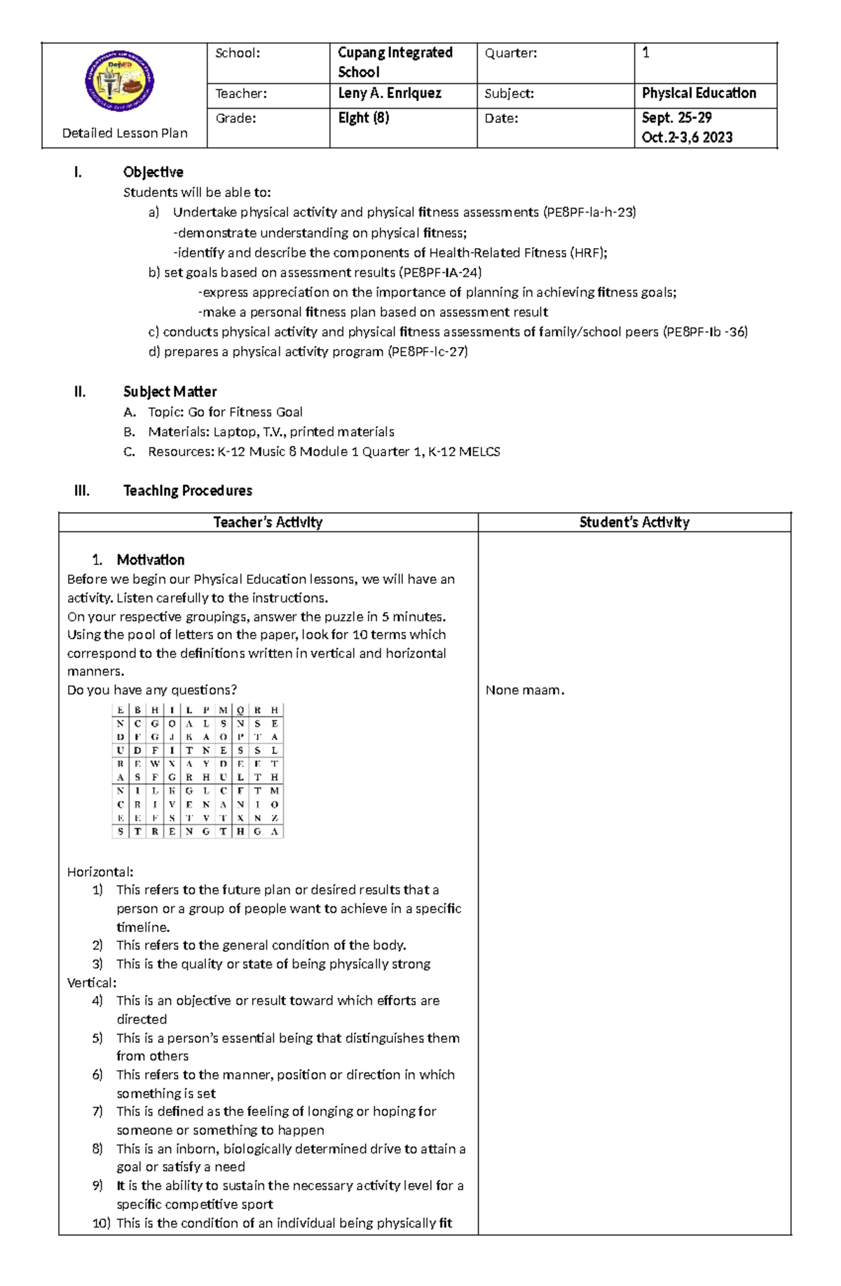 DLP PE8 - Detailed Lesson Plan on Physical Fitness Goals - Studocu