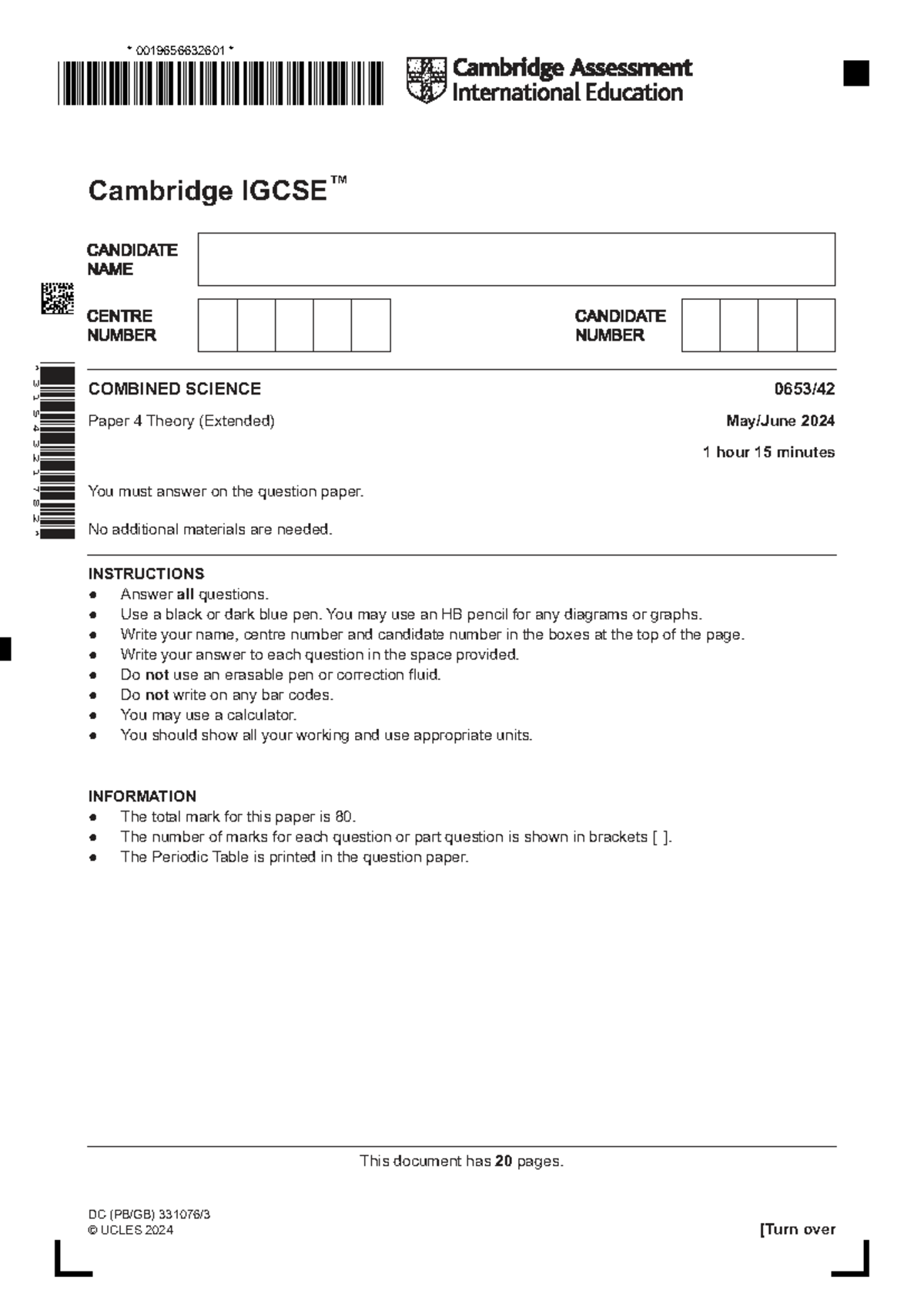 Cambridge 0653 Combined Science Paper 4 Theory (Extended) 2024 - Studocu