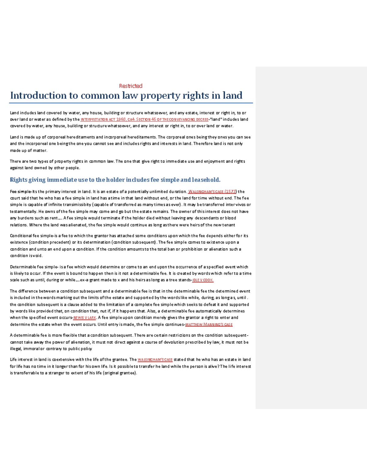 Introduction to Common Law Property Rights in Land - 2nd Year Notes ...