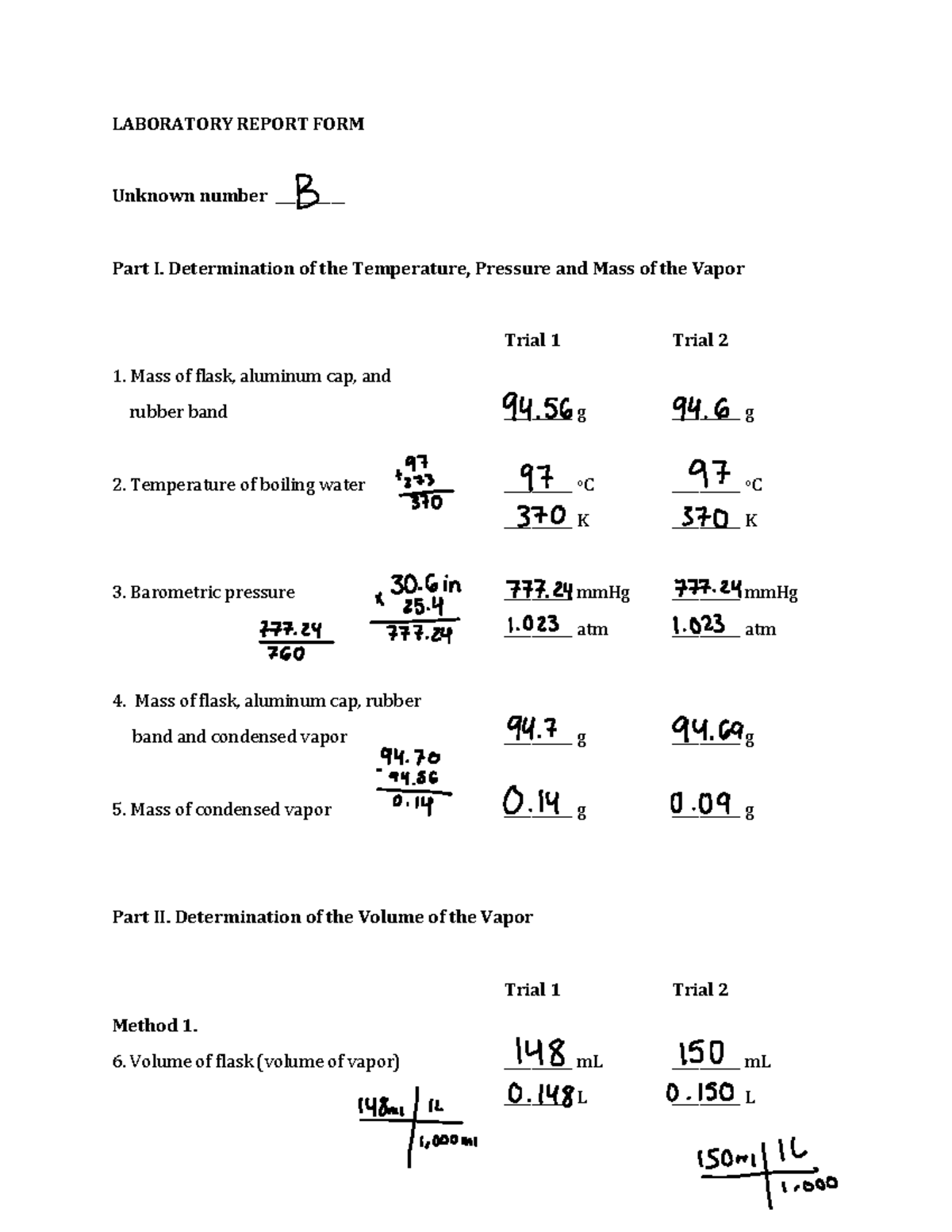Laboratory Report Form 8: Vapor Properties & Molar Mass Determination ...